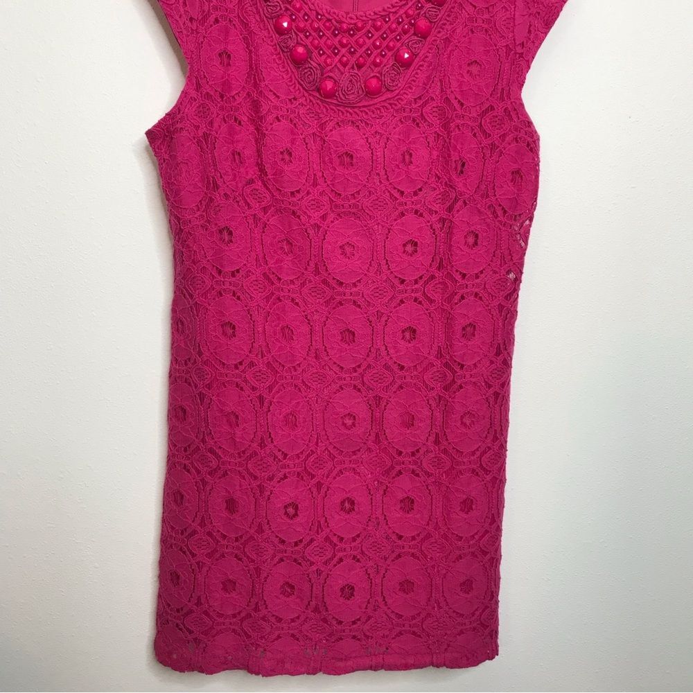 Sandra Darren Fuchsia Pink Lace Embellished Dress Sz 8P - Picture 3 of 11